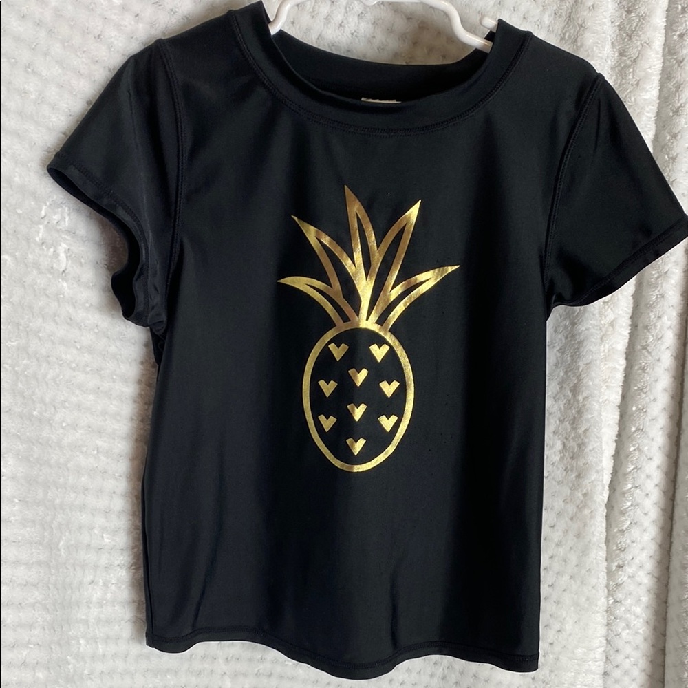 Cat & Jack Black Girls Rashguard Shirt with Gold Pineapple Design